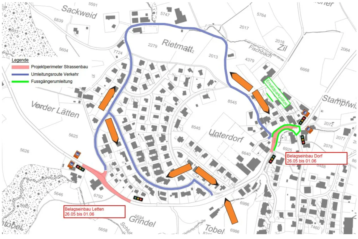 In der ersten Etappe werden der Verkehr und die Fussgänger umgeleitet. Die Bushaltestellen werden verschoben. Man sieht die Umfahrungen auf einer Grafik.